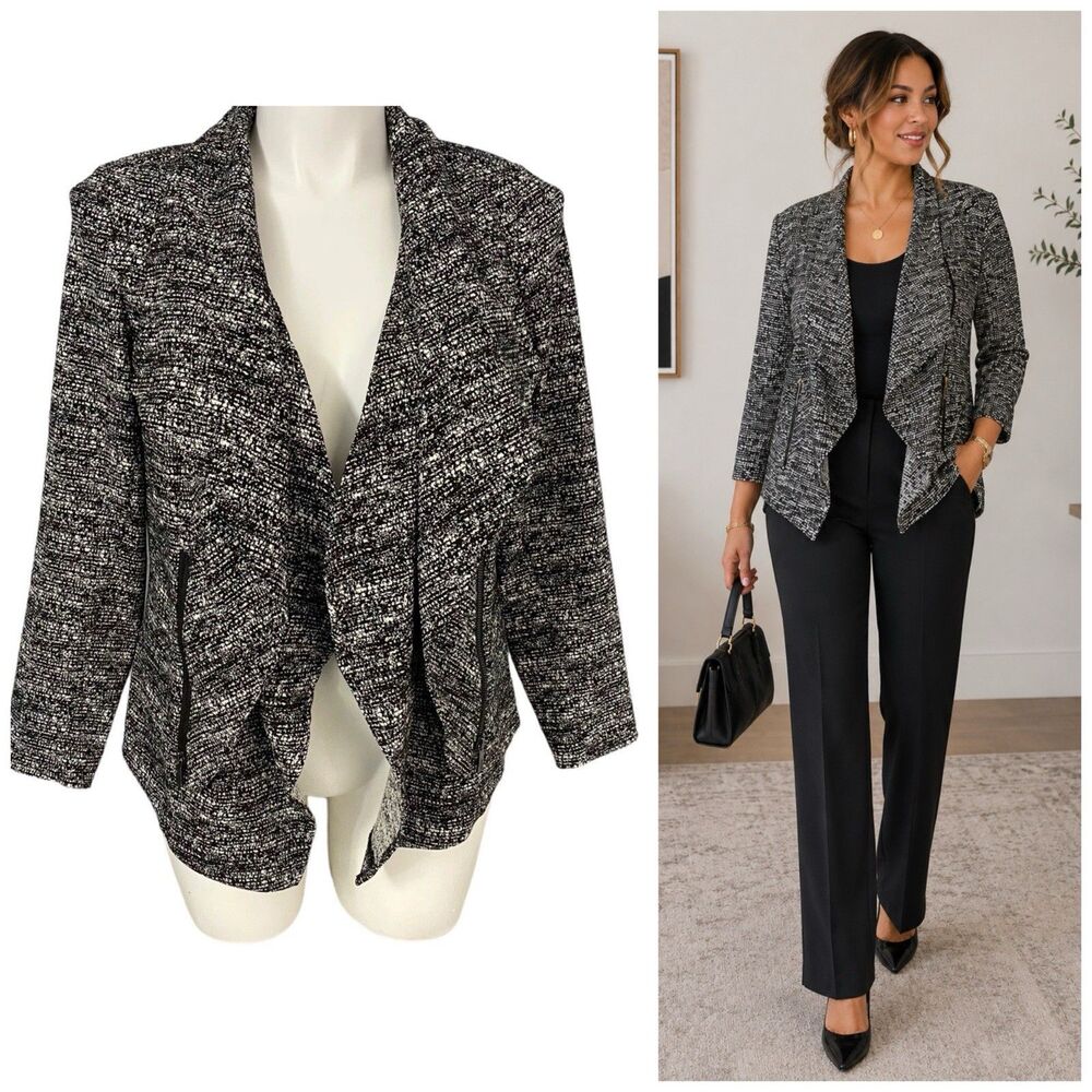 Alfani Blazer Womens Size OX Black White Ruffle Open Face Knit Work Office